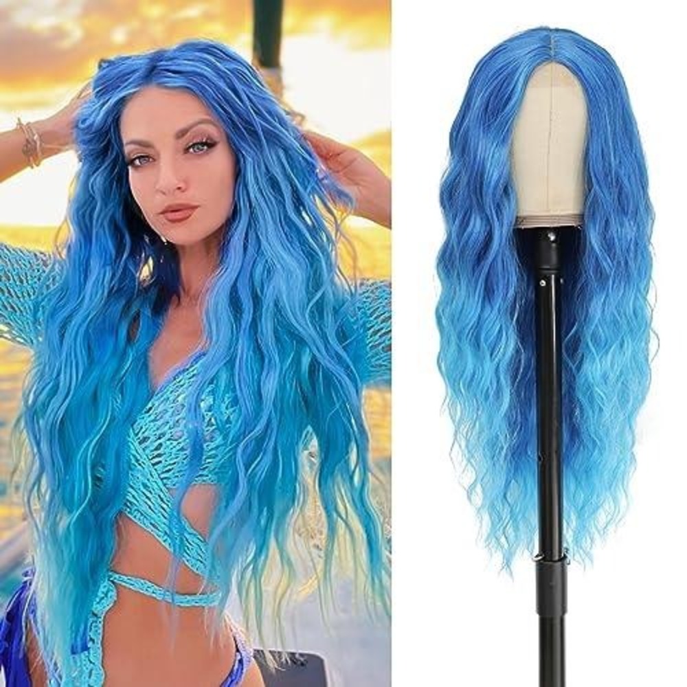 Long Wavy Blue Ombre Wig Mermaid‎ Cosplay Synthetic Heat Resistant Hairpiece